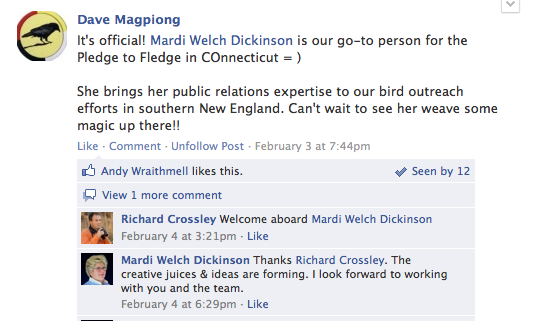 Mardi Dickinson is the Official Pledge to Fledge CT Coordinator.