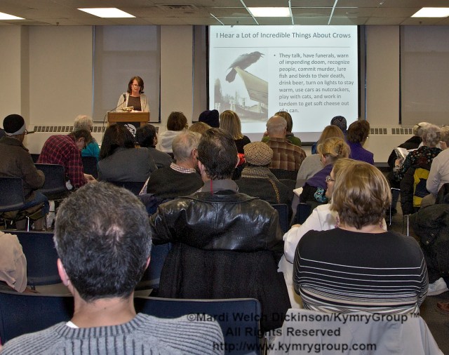 Cynthia Chaldekas, Senior Librarian, The New York Public Library, Mid Mahattan., Introduces John Marzluff, Author, Gifts of the Crow. Presentation at The New York Public Library Mid-Manhattan. New York, NY. April 2, 2013. ©Mardi Welch Dickinson/KymryGroup. All Rights Reserved.