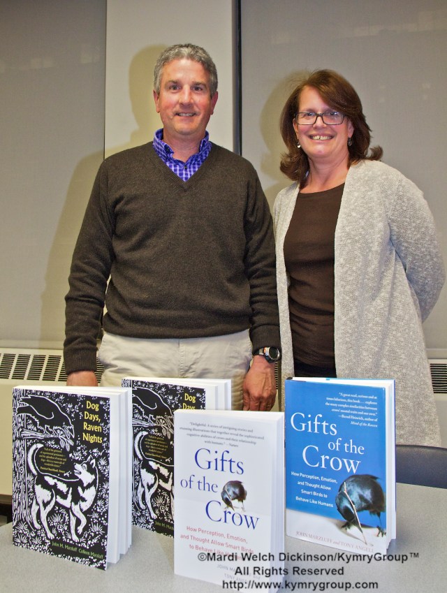 l. to r. John Marzluff, Author, Gifts of the Crow, Cynthia Chaldekas, Senior Librarian, Mid Mahattan, The New York Public Library. Lecture presented at the New York Mid-Manhattan Public Library, New York NY on April 2, 2013. ©Mardi Welch Dickinson/KymryGroup™. All Rights Reserved.