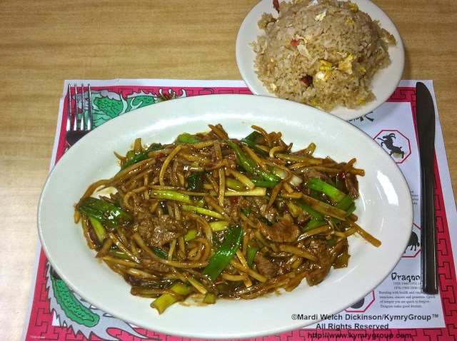 Pork Fried Rice, Beef w scallions, bamboo shoots, brown sauce. Seoul Garden Chinese Restaurant, Oak Harbor, OH. ©Mardi Welch Dickinson/ KymryGroup™ All Rights Reserved.