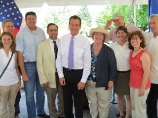 l. to r. Lisa Bassani (Exec Dir Working Lands Alliance), John Pittari (BOTR Stewardship Board), Henry Talmage (Exec Dir CT Farm Bureau), DoAg Cmr. Steve Reviczky, Governor Malloy, Sandy Breslin, Director of Governmental Affairs, Audubon Connecticut, NAS; Leslie Kane, Tom Crider ( Pres. Southbury Land Trust behind Leslie), Amy Paterson (Exec Director, CT Land Conservation Council) and Southbury First Selectman, Ed Edelson. Governor Malloy's signing of Bill to Protect Southbury Training School Farmlands on July 16, 2013. ©Karen Huber. All Rights Reserved.