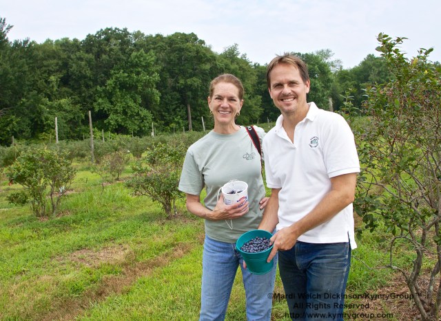 l. to r. Nancy Moon, VP Marketing & Communication & Board Member, Aspetuck Land Trust. David Brant, Executive Director, Aspetuck Land Trust. Picking blueberries in the orchards at Aspetuck Land Trust property of Trout Brook Valley Preserve on August 1, 2013. i©Mardi Welch Dickinson/KymryGroup. 