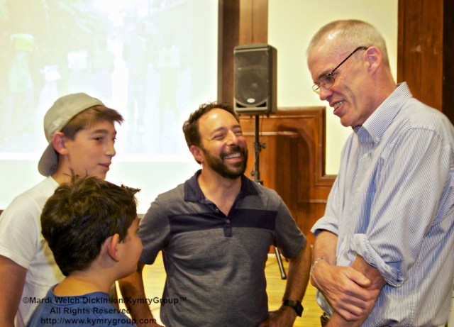 Bill McKibben chats with the next young  generation at the kick-off the first Aspetuck Land Trust, The Haskins Environmental Lecture Series; on Friday August 9, 2013 at the Pequot Library, Southport Connecticut. ©Mardi Welch Dickinson/ KymryGroup™ All Rights Reserved.