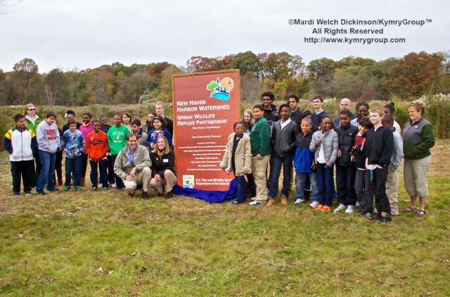 U.S. Fish and Wildlife Service Director Dan Ashe and Northeast Regional Director Wendi Weber unveil the designation sign with students from Common Ground High School and Barnard Environmental Studies Magnet School. ©Mardi Welch Dickinson/KymryGroupAll Rights Reserved. National Wildlife Refuge Partnership, West River Memorial Park, New Haven, CT