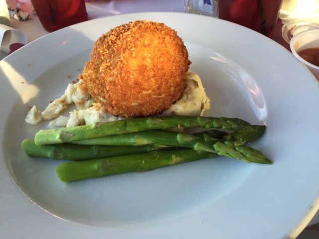 Crab Cake with mashed potatoes with fresh asparagusGillian's Restaurant and Bar ©Townsend P. Dickinson All Rights Reserved.