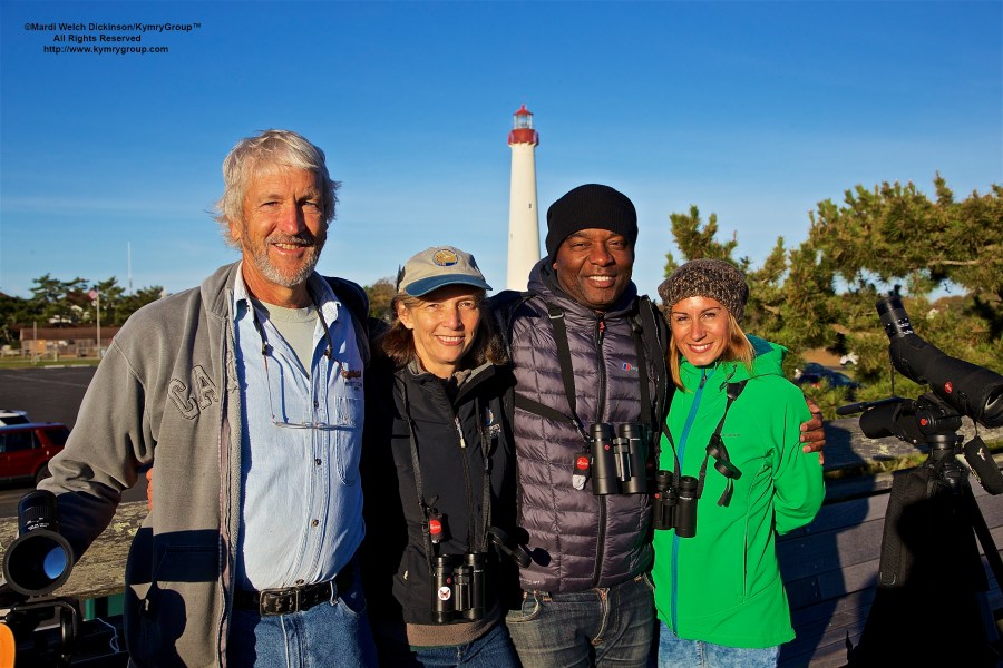 Cape May Fall Birding Festival L. to R. Kevin Karlson Photographer; Dale Rosselet, VP Education, NJ Audubon; David Lindo, Urban Birder; Vanessa Palacios. Cape May Hawk Watch Platform, Cape May Point State Park, NJ. ©Mardi Welch Dickinson
